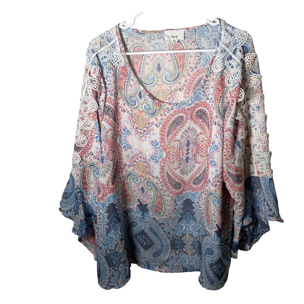Fyve Blouse Women's 2X Round Neck Lace 3/4 Sleeve Flare Slouchy Boho Top